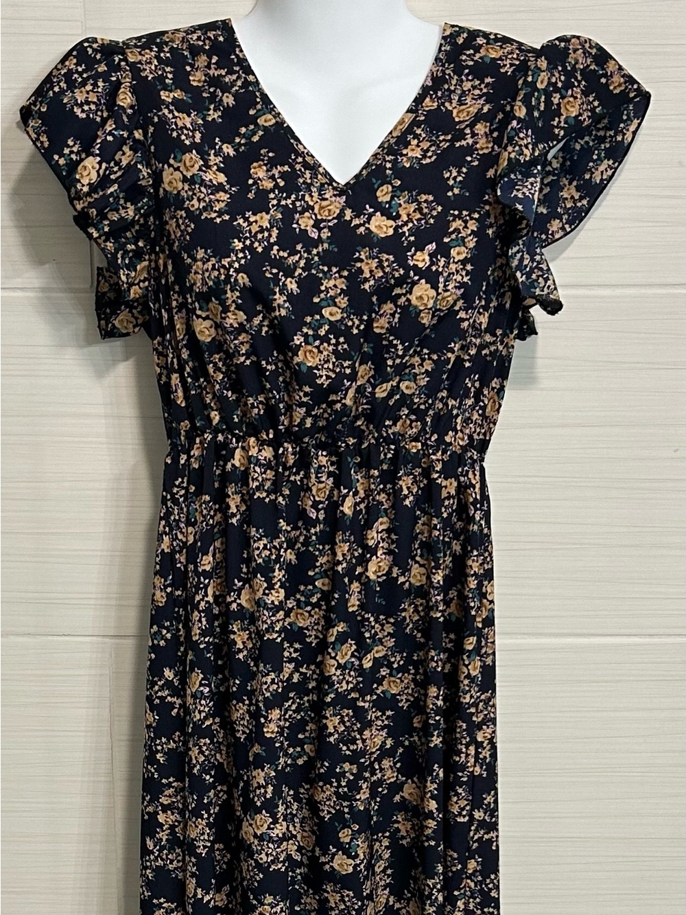 Navy Floral Dress Short Flutter Sleeves Mid Calf Maxi Lightweight, Small